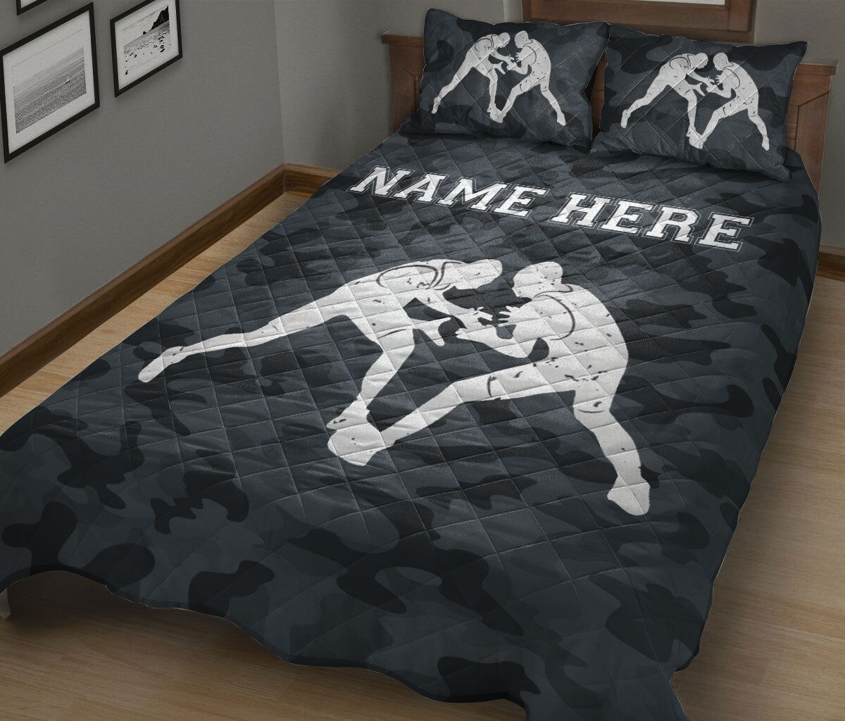 Ohaprints-Quilt-Bed-Set-Pillowcase-Wrestling-Lover-Black-Camo-Pattern-Wrestler-Gift-Custom-Personalized-Name-Blanket-Bedspread-Bedding-2983-King (90'' x 100'')