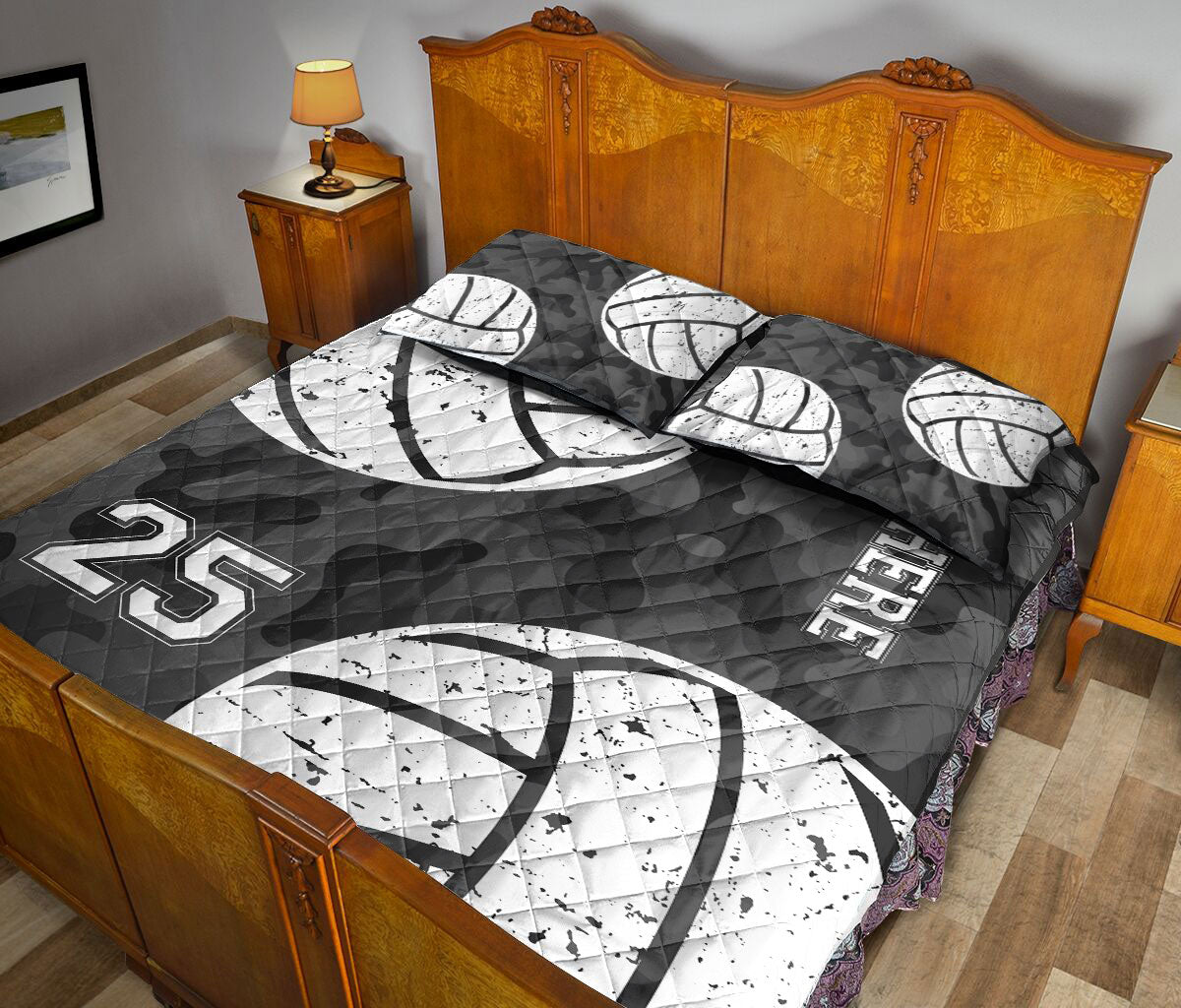 Ohaprints-Quilt-Bed-Set-Pillowcase-Volleyball-Ball-Black-Camo-Pattern-Sports-Fan-Gift-Custom-Personalized-Name-Blanket-Bedspread-Bedding-1959-Queen (80'' x 90'')