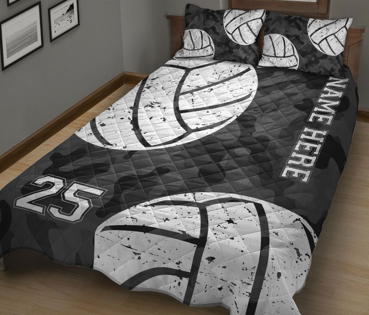 Ohaprints-Quilt-Bed-Set-Pillowcase-Volleyball-Ball-Black-Camo-Pattern-Sports-Fan-Gift-Custom-Personalized-Name-Blanket-Bedspread-Bedding-1959-King (90'' x 100'')