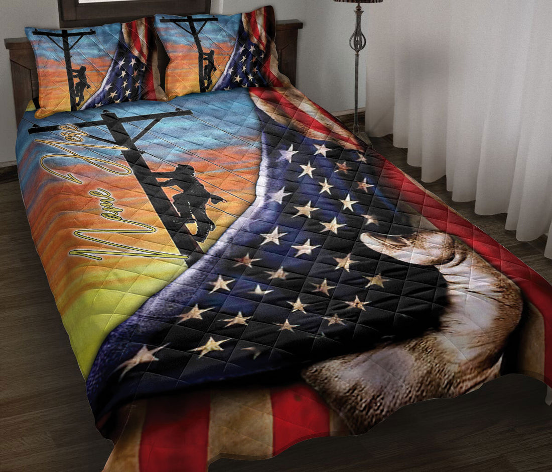 Ohaprints-Quilt-Bed-Set-Pillowcase-Electrician-Lineman-American-Us-Flag-Patriotic-Gift-Custom-Personalized-Name-Blanket-Bedspread-Bedding-2985-Throw (55'' x 60'')