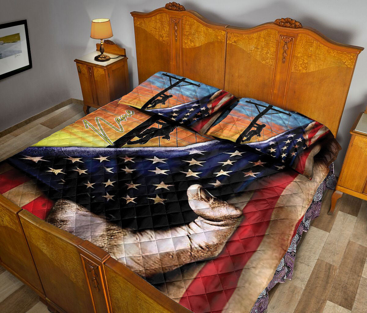 Ohaprints-Quilt-Bed-Set-Pillowcase-Electrician-Lineman-American-Us-Flag-Patriotic-Gift-Custom-Personalized-Name-Blanket-Bedspread-Bedding-2985-Queen (80'' x 90'')