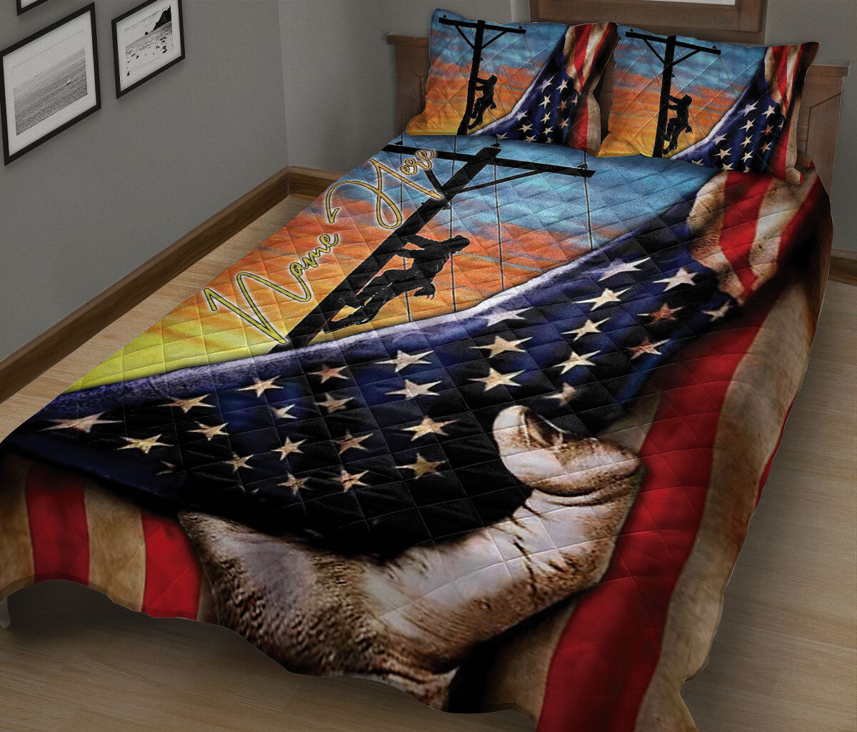 Ohaprints-Quilt-Bed-Set-Pillowcase-Electrician-Lineman-American-Us-Flag-Patriotic-Gift-Custom-Personalized-Name-Blanket-Bedspread-Bedding-2985-King (90'' x 100'')