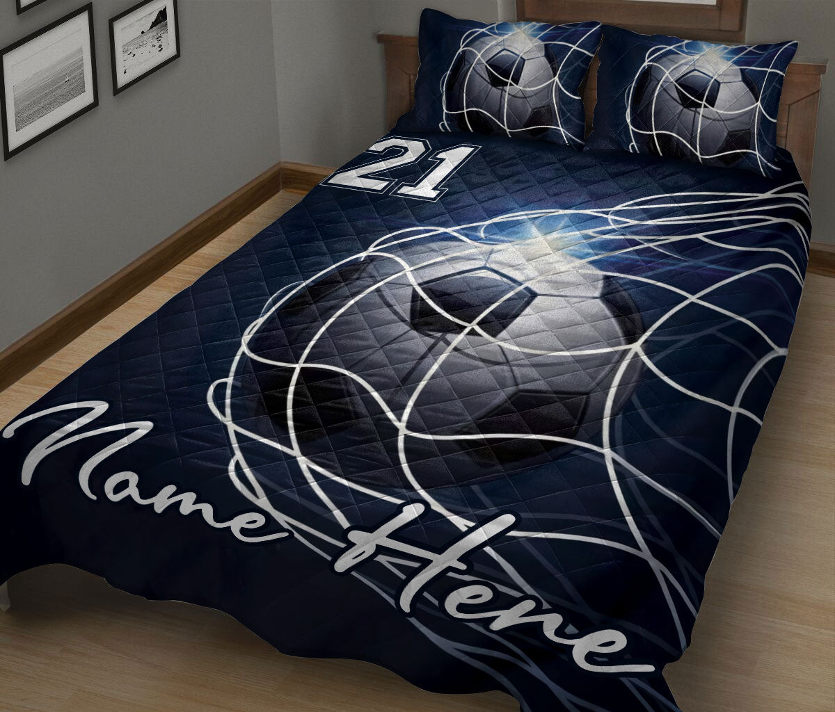 Ohaprints-Quilt-Bed-Set-Pillowcase-Soccer-Goal-Navy-Net-Sports-Lovers-Fan-Unique-Gift-Custom-Personalized-Name-Blanket-Bedspread-Bedding-651-King (90'' x 100'')