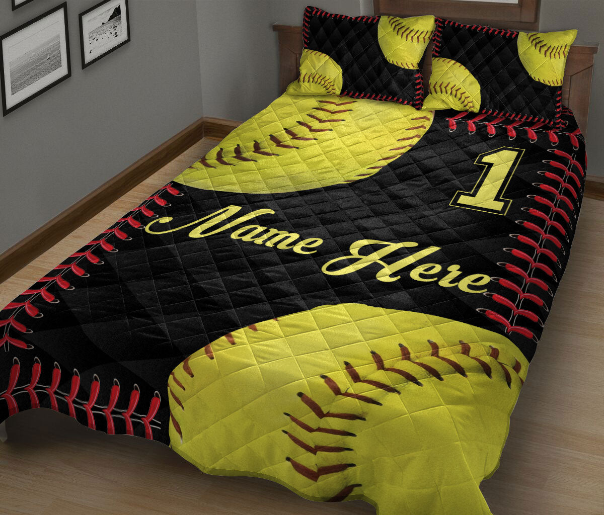 Ohaprints-Quilt-Bed-Set-Pillowcase-Softball-Ball-Pattern-Sports-Lover-Fan-Gift-Custom-Personalized-Name-Number-Blanket-Bedspread-Bedding-2962-King (90'' x 100'')