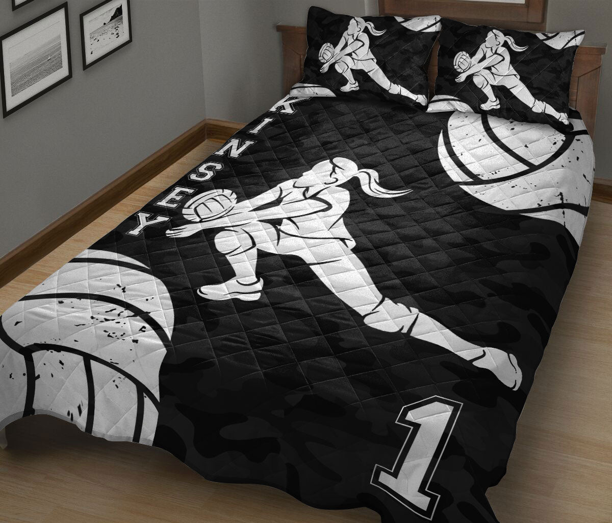 Ohaprints-Quilt-Bed-Set-Pillowcase-Volleyball-Libero-Girl-Black-Camo-Pattern-Fan-Gift-Custom-Personalized-Name-Blanket-Bedspread-Bedding-60-King (90'' x 100'')