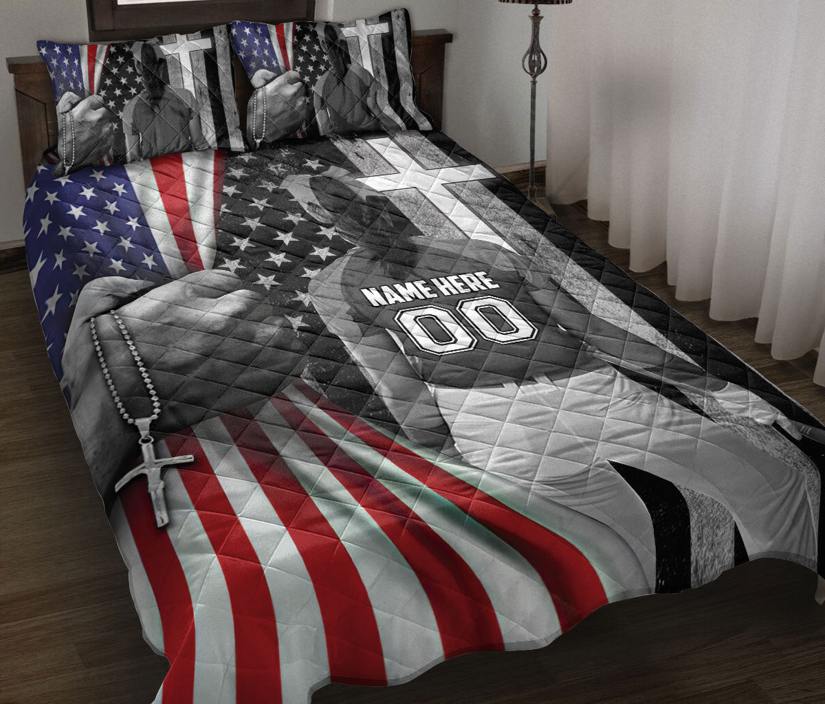 Ohaprints-Quilt-Bed-Set-Pillowcase-Softball-Player-Christian-American-Flag-Cross-Custom-Personalized-Name-Number-Blanket-Bedspread-Bedding-3075-Throw (55'' x 60'')