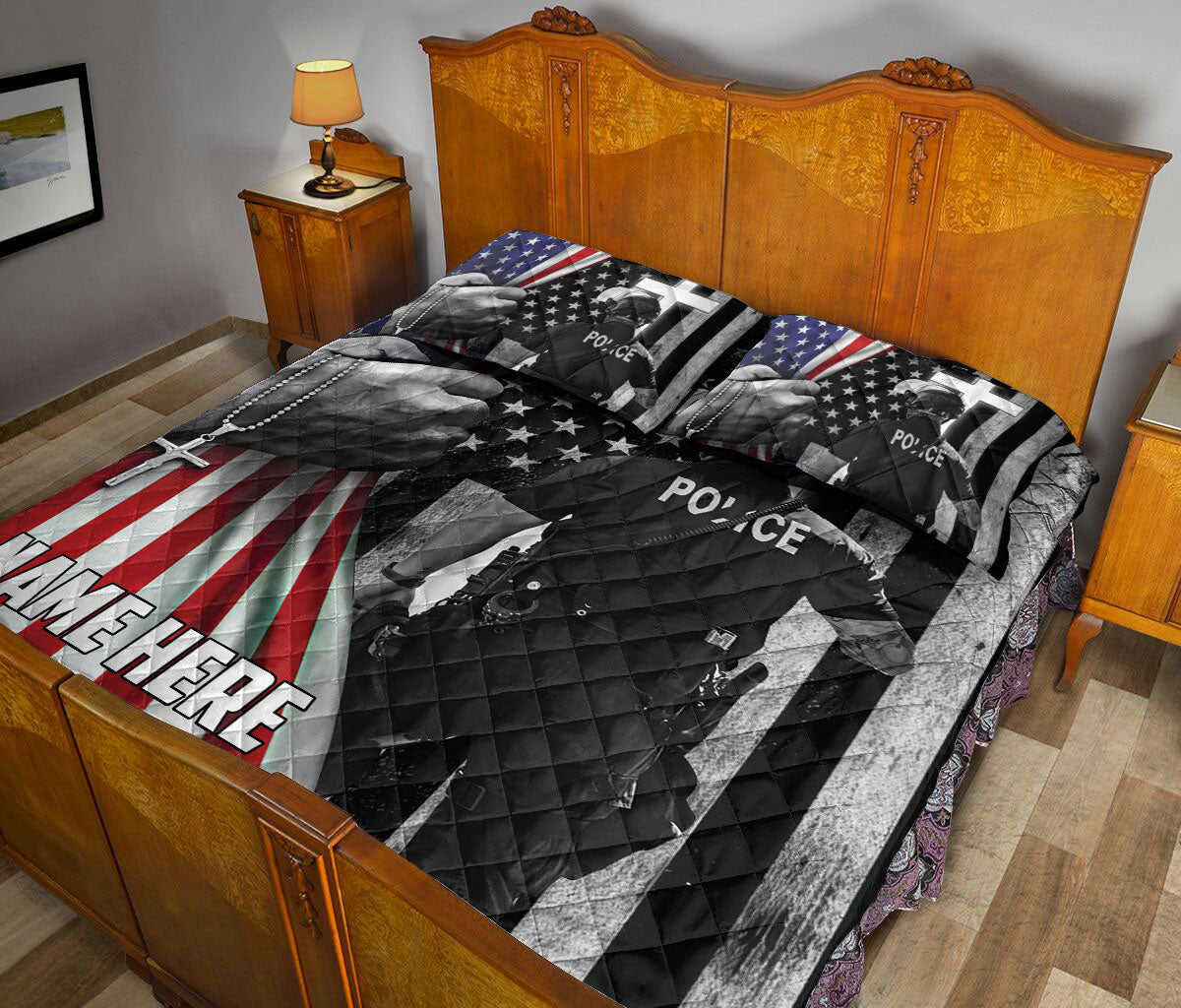 Ohaprints-Quilt-Bed-Set-Pillowcase-Police-Christian-American-Us-Flag-Custom-Personalized-Name-Number-Blanket-Bedspread-Bedding-3611-King (90'' x 100'')