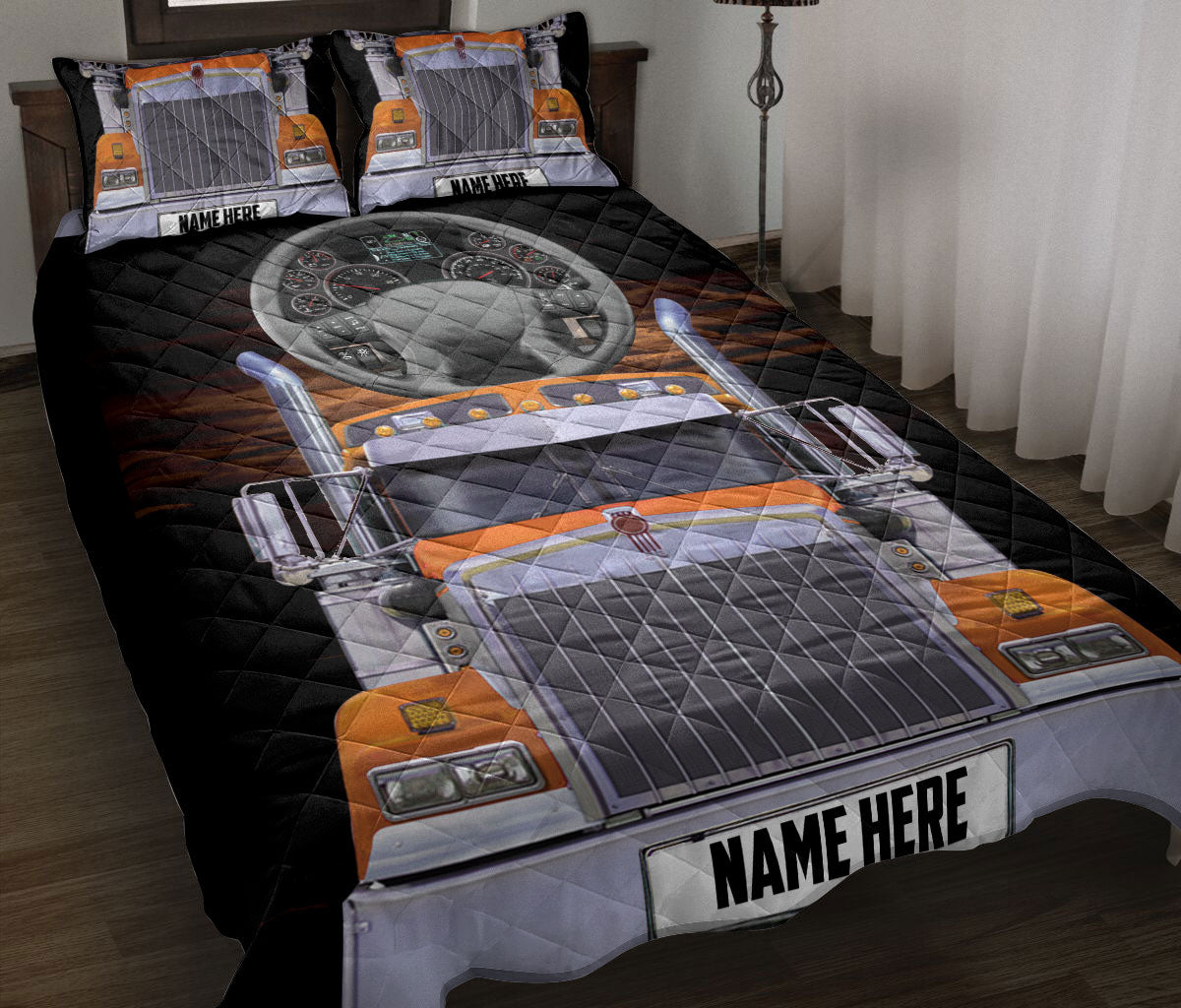 Ohaprints-Quilt-Bed-Set-Pillowcase-Orange-Trucker-Truck-Driver-Unique-Gift-Custom-Personalized-Name-Blanket-Bedspread-Bedding-3471-Throw (55'' x 60'')