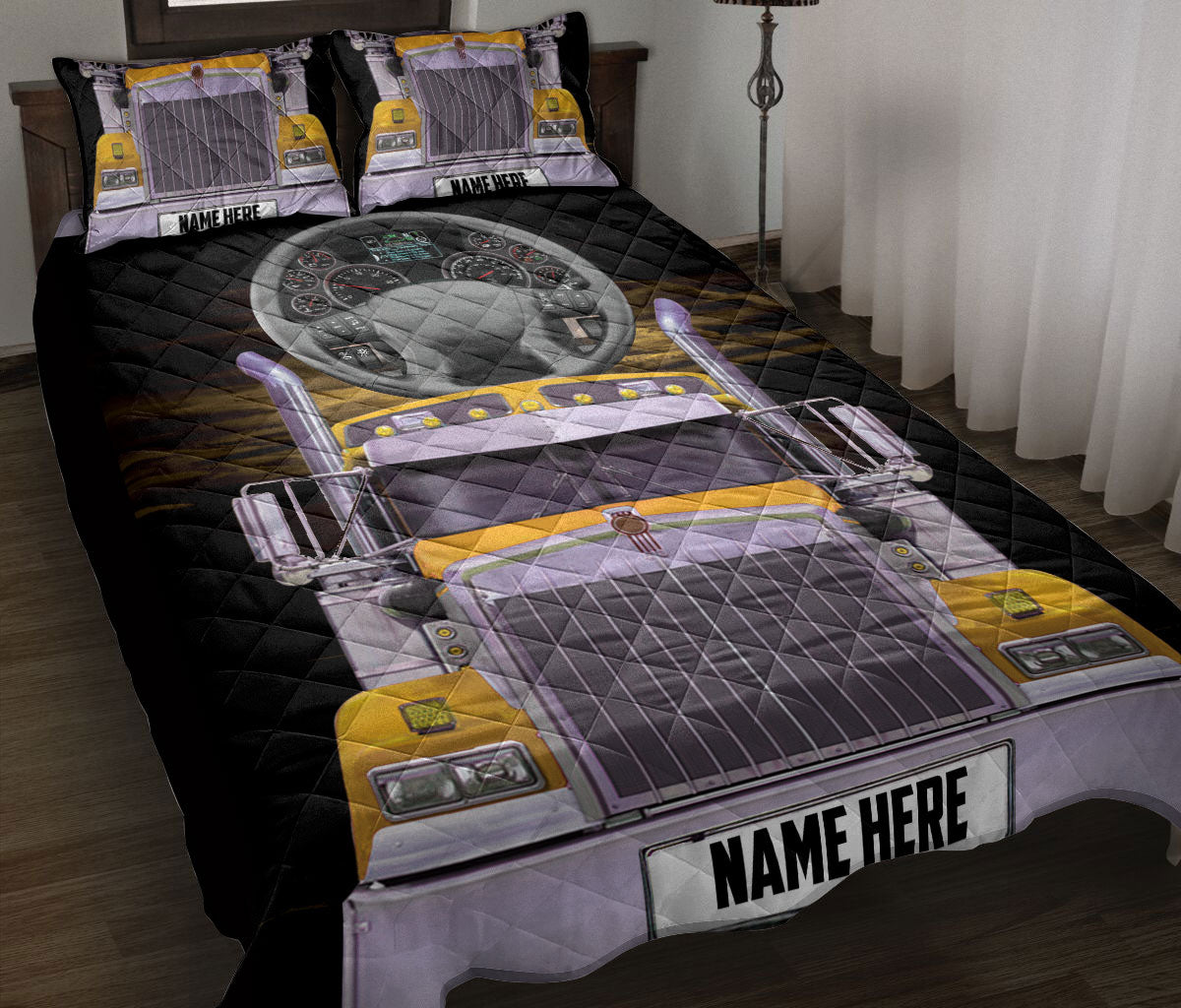 Ohaprints-Quilt-Bed-Set-Pillowcase-Yellow-Truck-Trucker-Truck-Driver-Unique-Custom-Personalized-Name-Blanket-Bedspread-Bedding-3472-Throw (55'' x 60'')