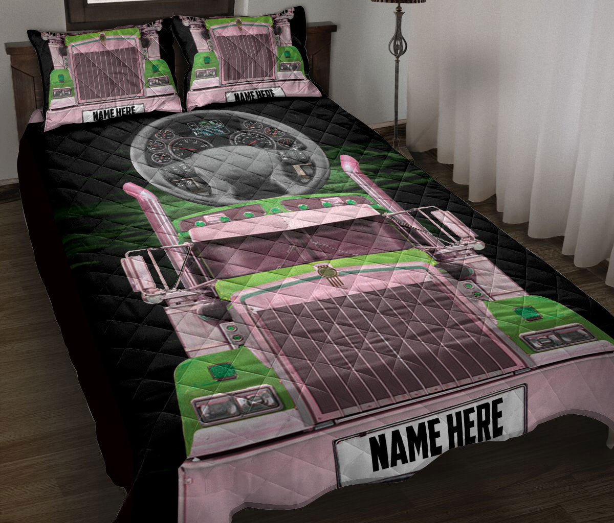 Ohaprints-Quilt-Bed-Set-Pillowcase-Green-Truck-Trucker-Truck-Driver-Gift-Custom-Personalized-Name-Blanket-Bedspread-Bedding-3474-Throw (55'' x 60'')