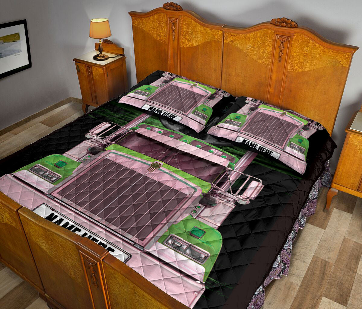 Ohaprints-Quilt-Bed-Set-Pillowcase-Green-Truck-Trucker-Truck-Driver-Gift-Custom-Personalized-Name-Blanket-Bedspread-Bedding-3474-King (90'' x 100'')