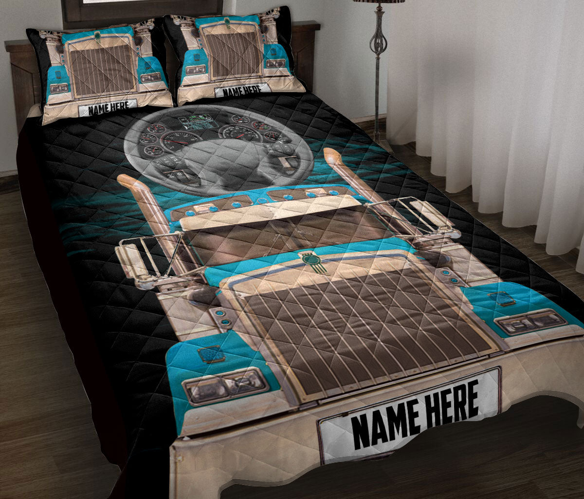 Ohaprints-Quilt-Bed-Set-Pillowcase-Turquoise-Trucker-Truck-Driver-Unique-Gift-Custom-Personalized-Name-Blanket-Bedspread-Bedding-3475-Throw (55'' x 60'')