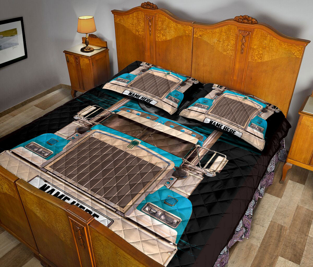 Ohaprints-Quilt-Bed-Set-Pillowcase-Turquoise-Trucker-Truck-Driver-Unique-Gift-Custom-Personalized-Name-Blanket-Bedspread-Bedding-3475-King (90'' x 100'')