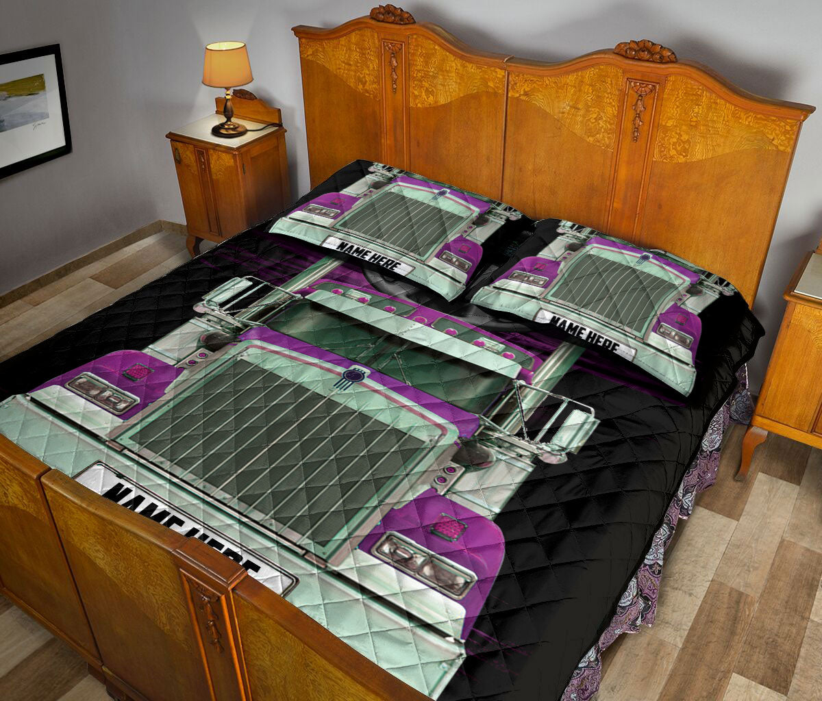 Ohaprints-Quilt-Bed-Set-Pillowcase-Purple-Trucker-Truck-Driver-Unique-Gift-Custom-Personalized-Name-Blanket-Bedspread-Bedding-3476-King (90'' x 100'')