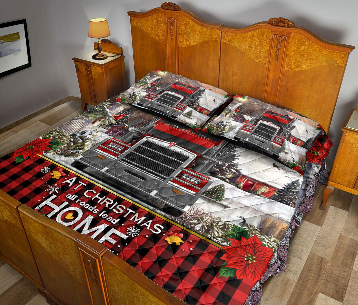 Ohaprints-Quilt-Bed-Set-Pillowcase-Red-Truck-Trucker-Christmas-Roads-Lead-Home-Custom-Personalized-Name-Blanket-Bedspread-Bedding-3479-King (90'' x 100'')