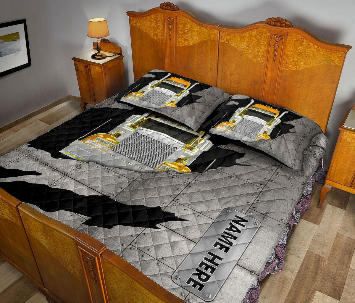 Ohaprints-Quilt-Bed-Set-Pillowcase-Yellow-Truck-Crack-Pattern-Trucker-Driver-Custom-Personalized-Name-Blanket-Bedspread-Bedding-3486-King (90'' x 100'')