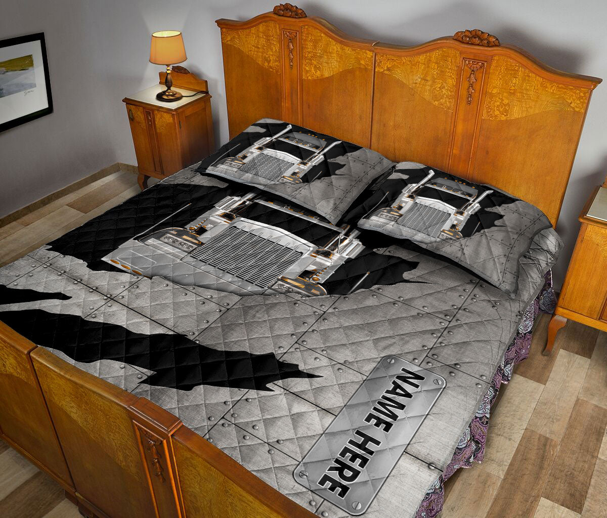 Ohaprints-Quilt-Bed-Set-Pillowcase-Black-Truck-Crack-For-Trucker-Driver-Custom-Personalized-Name-Blanket-Bedspread-Bedding-3487-King (90'' x 100'')