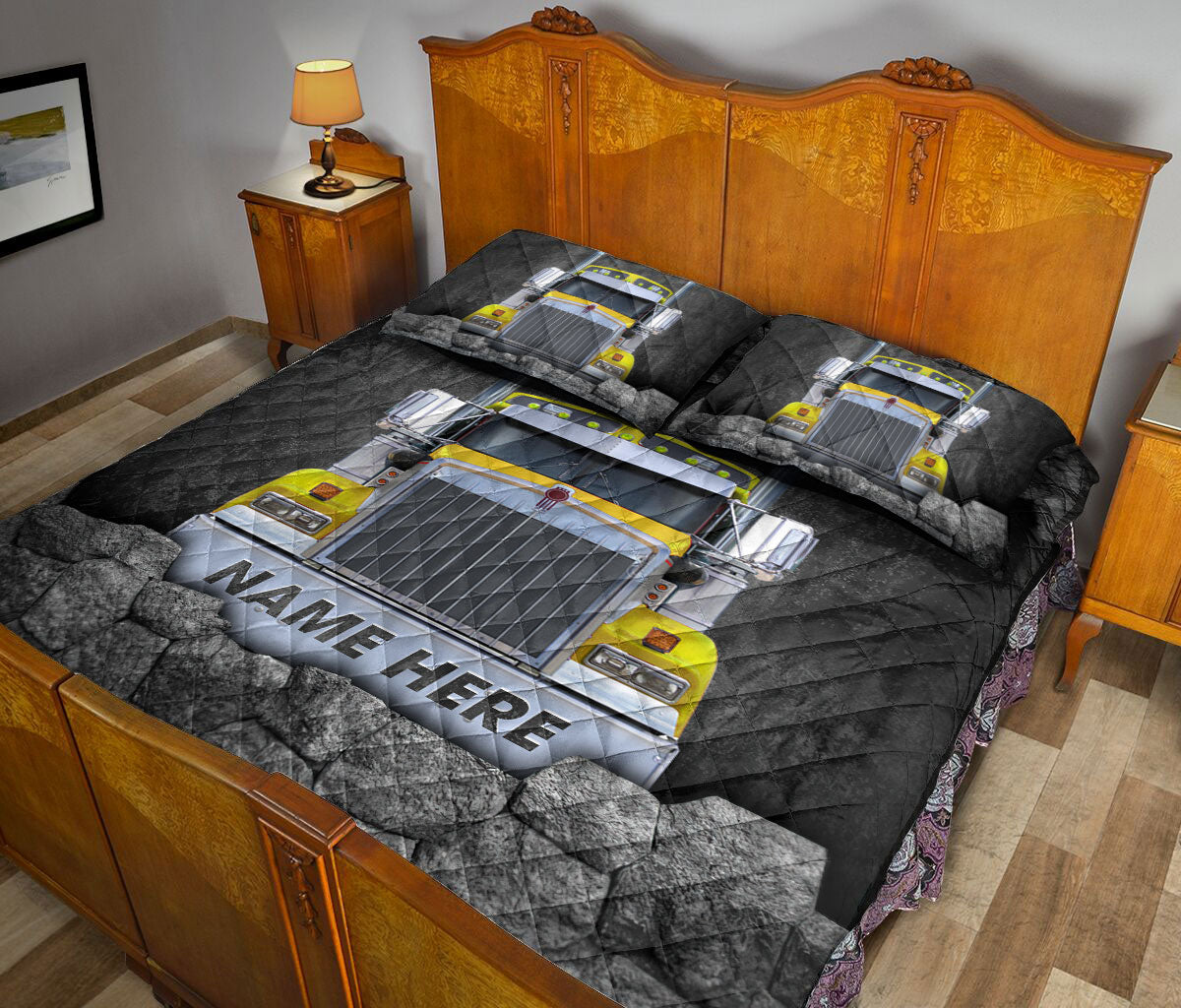 Ohaprints-Quilt-Bed-Set-Pillowcase-Yellow-Truck-Trucker-Driver-Gift-Crack-Custom-Personalized-Name-Blanket-Bedspread-Bedding-3489-King (90'' x 100'')