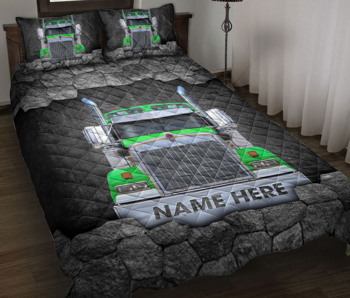 Ohaprints-Quilt-Bed-Set-Pillowcase-Green-Truck-Driver-Trucker-Gift-Crack-Custom-Personalized-Name-Blanket-Bedspread-Bedding-3491-Throw (55'' x 60'')