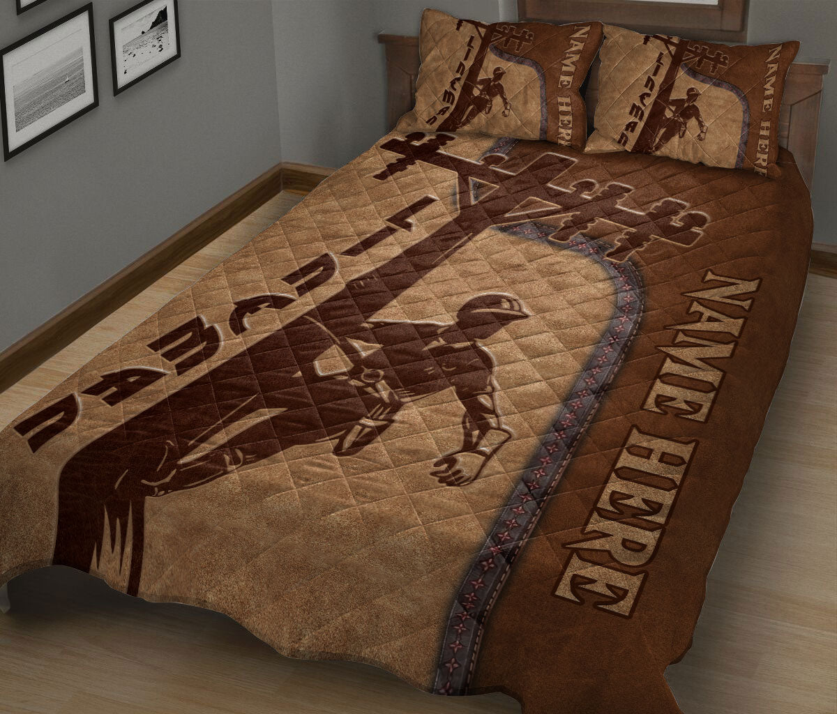 Ohaprints-Quilt-Bed-Set-Pillowcase-Electrician-Lineman-Brown-Pattern-Unique-Gift-Custom-Personalized-Name-Blanket-Bedspread-Bedding-1079-King (90'' x 100'')