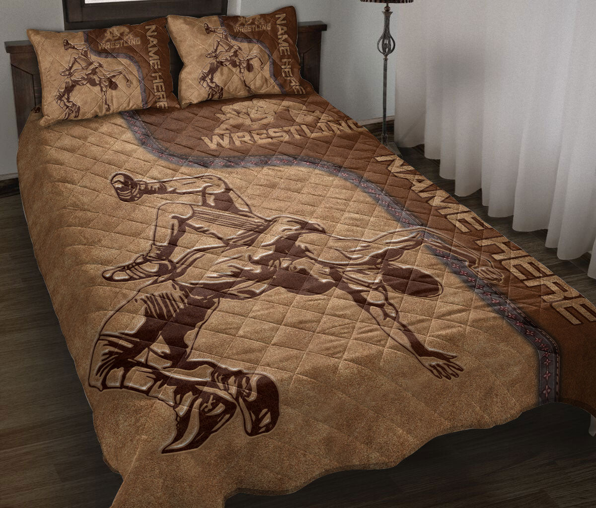 Ohaprints-Quilt-Bed-Set-Pillowcase-Wrestling-Lover-Wrestler-Brown-Pattern-Unique-Gift-Custom-Personalized-Name-Blanket-Bedspread-Bedding-2995-Throw (55'' x 60'')