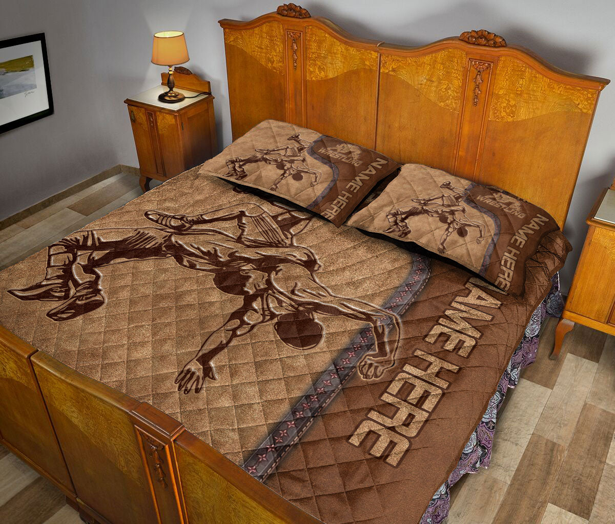 Ohaprints-Quilt-Bed-Set-Pillowcase-Wrestling-Lover-Wrestler-Brown-Pattern-Unique-Gift-Custom-Personalized-Name-Blanket-Bedspread-Bedding-2995-Queen (80'' x 90'')