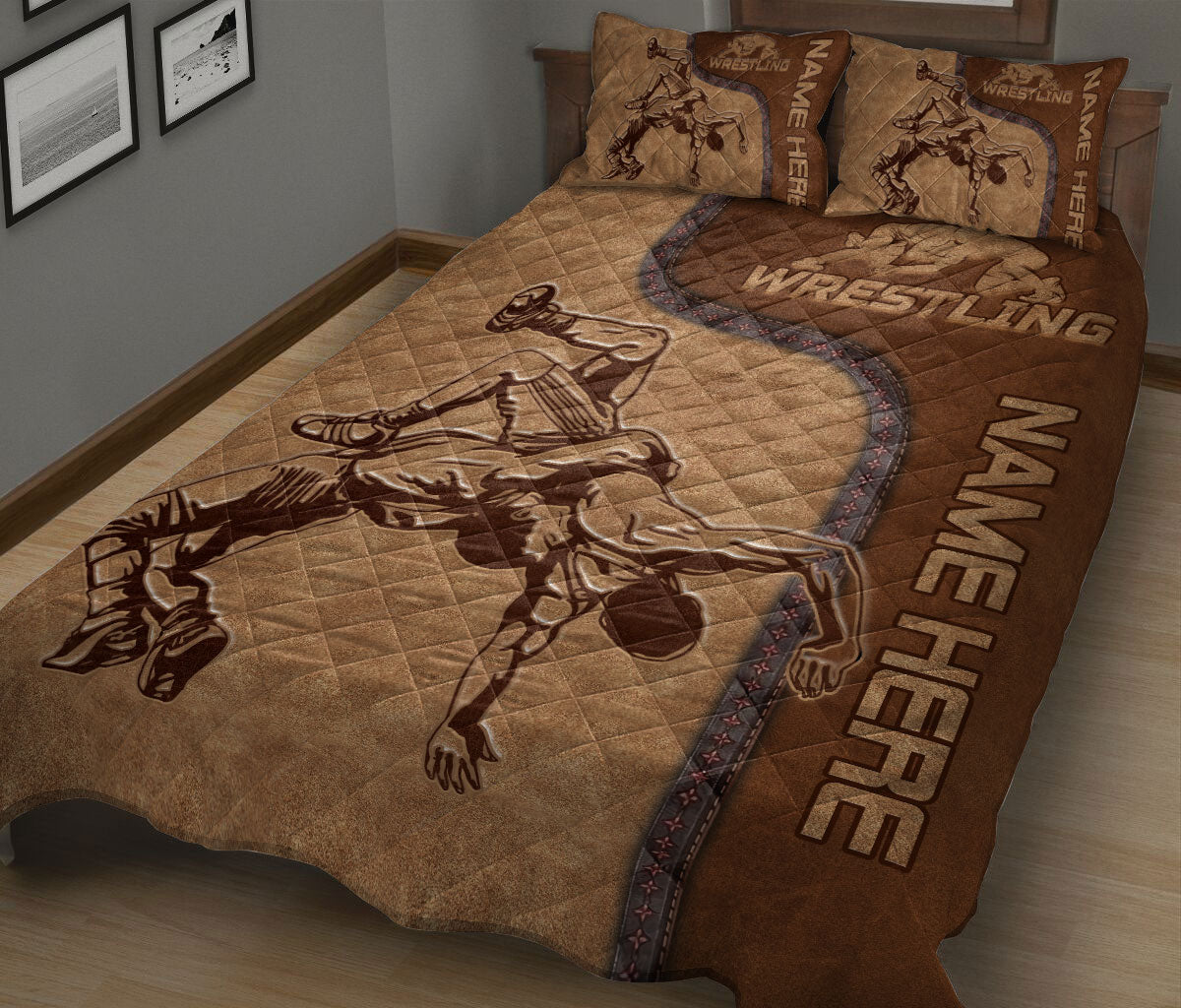 Ohaprints-Quilt-Bed-Set-Pillowcase-Wrestling-Lover-Wrestler-Brown-Pattern-Unique-Gift-Custom-Personalized-Name-Blanket-Bedspread-Bedding-2995-King (90'' x 100'')