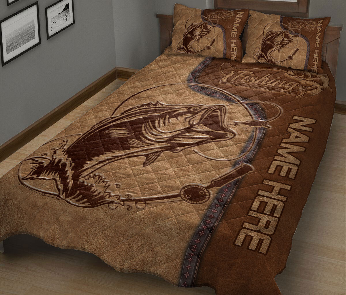 Ohaprints-Quilt-Bed-Set-Pillowcase-Fishing-Lover-Fisherman-Brown-Pattern-Unique-Gift-Custom-Personalized-Name-Blanket-Bedspread-Bedding-2972-King (90'' x 100'')