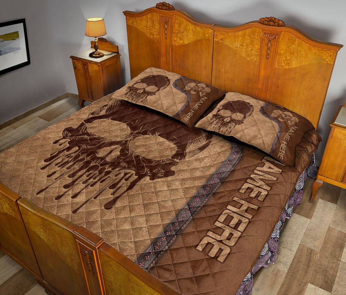 Ohaprints-Quilt-Bed-Set-Pillowcase-Skull-Melting-Lover-Brown-Boho-Pattern-Unique-Gift-Custom-Personalized-Name-Blanket-Bedspread-Bedding-1961-Queen (80'' x 90'')