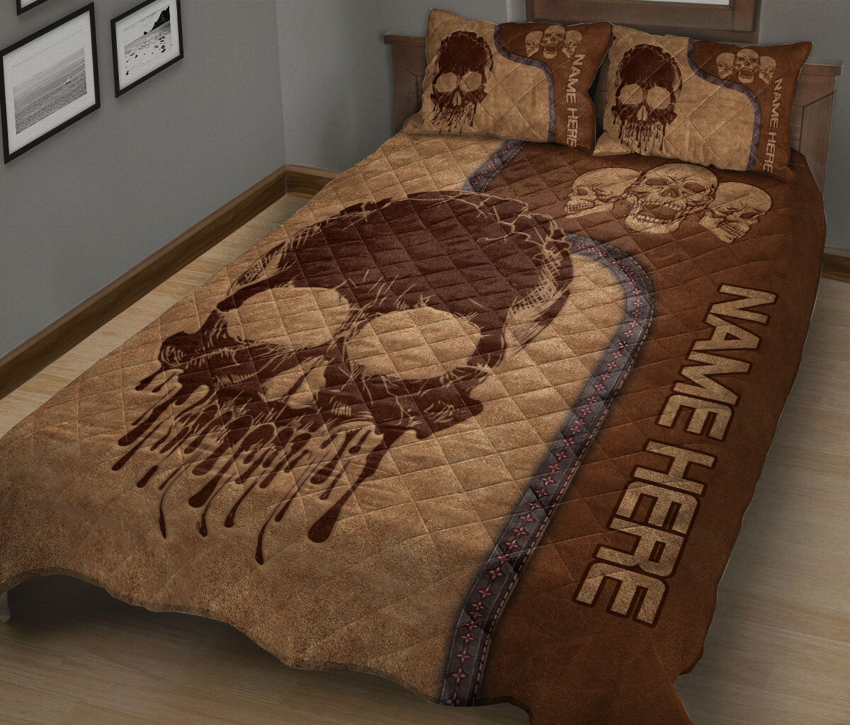 Ohaprints-Quilt-Bed-Set-Pillowcase-Skull-Melting-Lover-Brown-Boho-Pattern-Unique-Gift-Custom-Personalized-Name-Blanket-Bedspread-Bedding-1961-King (90'' x 100'')