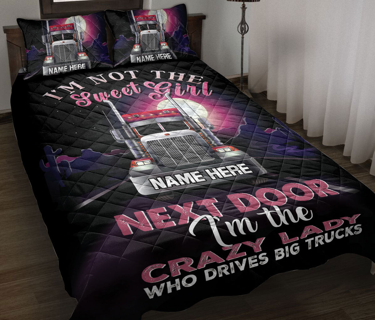 Ohaprints-Quilt-Bed-Set-Pillowcase-I'M-The-Crazy-Lady-Who-Drives-Big-Trucks-Trucker-Gift-Custom-Personalized-Name-Blanket-Bedspread-Bedding-3310-Throw (55'' x 60'')