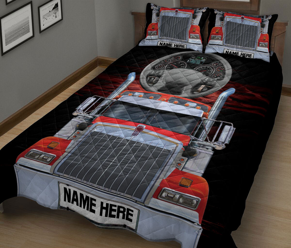 Ohaprints-Quilt-Bed-Set-Pillowcase-Red-Truck-Love-Trucker-Truck-Driver-Unique-Gift-Custom-Personalized-Name-Blanket-Bedspread-Bedding-2419-King (90'' x 100'')