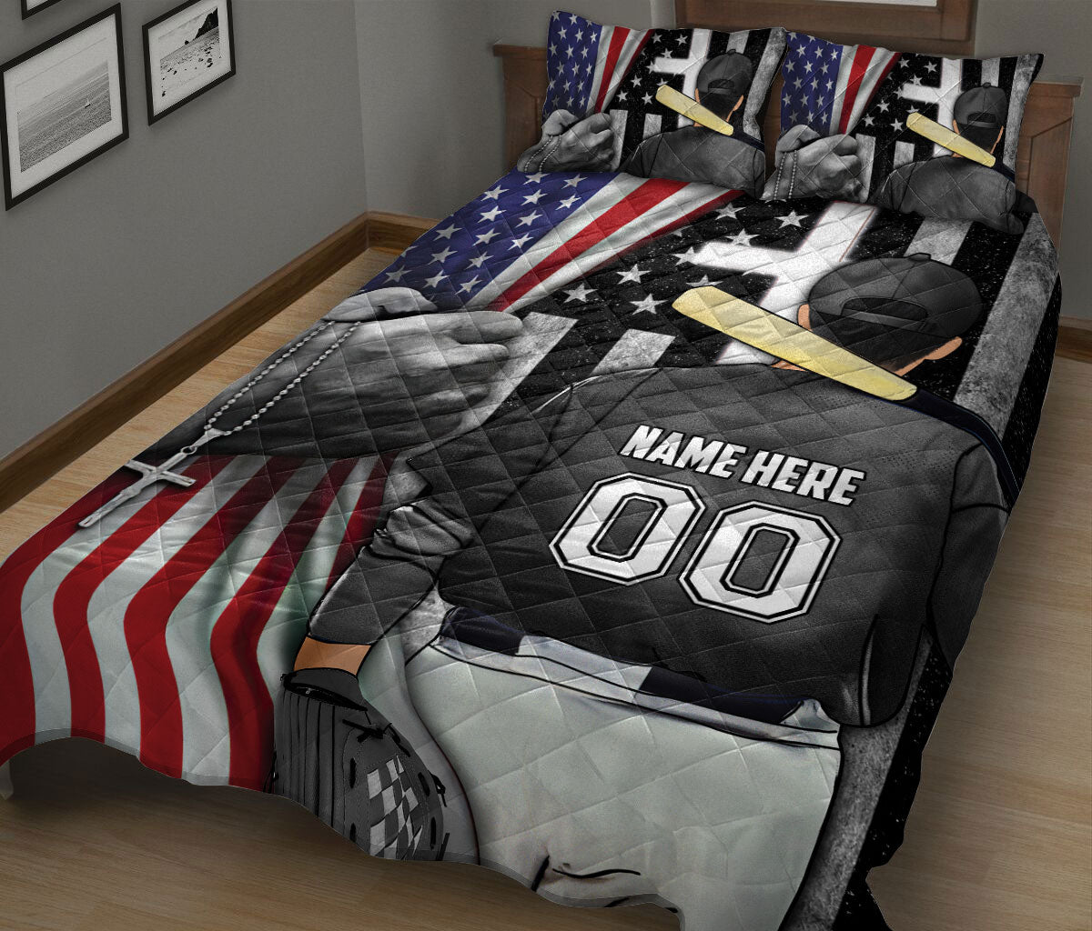 Ohaprints-Quilt-Bed-Set-Pillowcase-Baseball-Player-Christian-American-Flag-Cross-Custom-Personalized-Name-Number-Blanket-Bedspread-Bedding-3019-King (90'' x 100'')