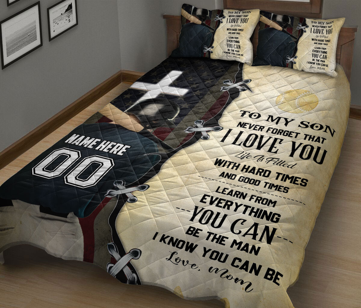 Ohaprints-Quilt-Bed-Set-Pillowcase-Baseball-Player-To-My-Son-American-Flag-Gift-Custom-Personalized-Name-Number-Blanket-Bedspread-Bedding-701-King (90'' x 100'')