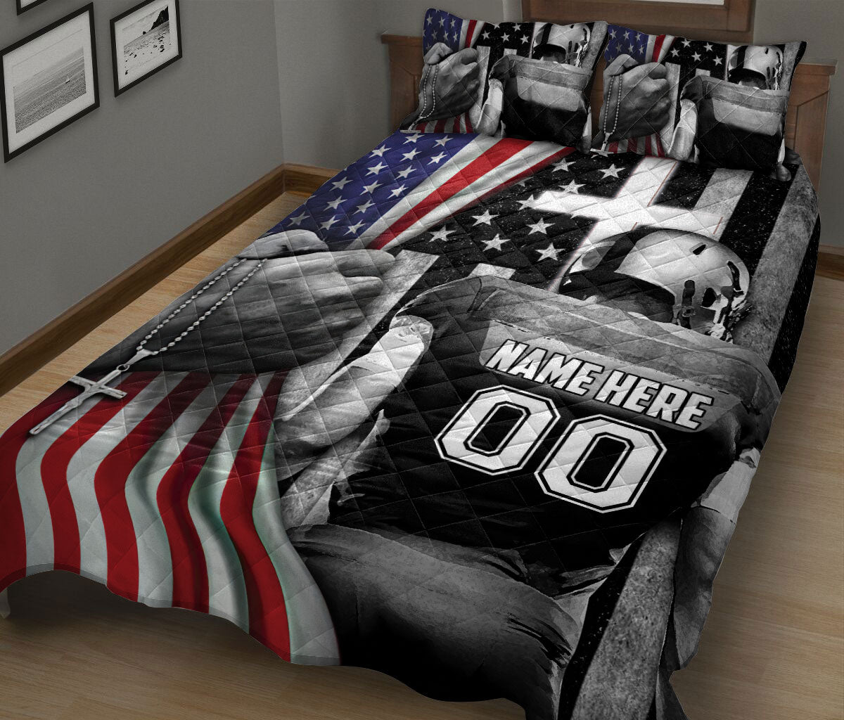 Ohaprints-Quilt-Bed-Set-Pillowcase-Football-Player-Christian-American-Flag-Cross-Custom-Personalized-Name-Number-Blanket-Bedspread-Bedding-2967-King (90'' x 100'')