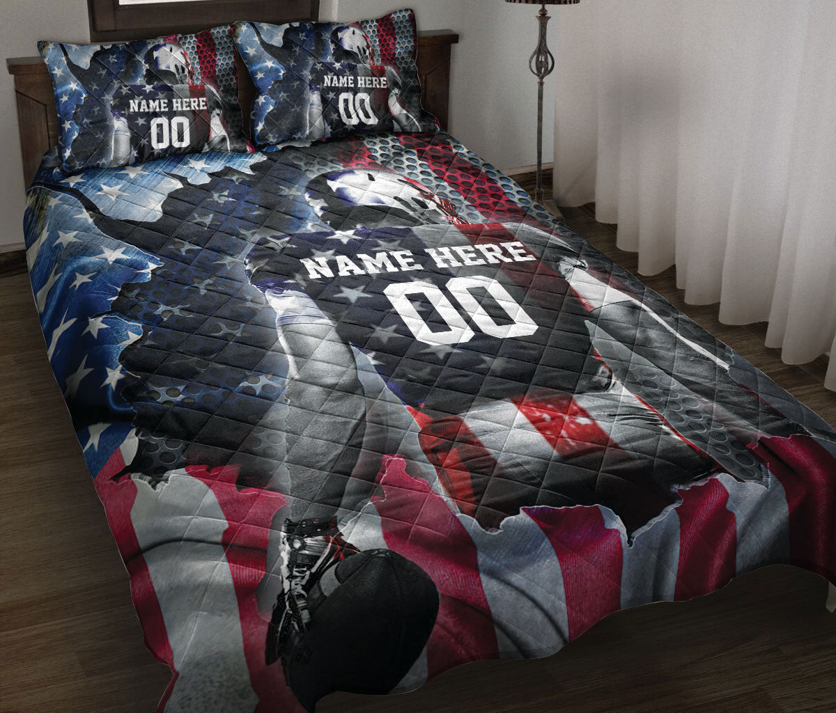 Ohaprints-Quilt-Bed-Set-Pillowcase-American-Football-Player-American-Flag-Pattern-Custom-Personalized-Name-Number-Blanket-Bedspread-Bedding-2961-Throw (55'' x 60'')