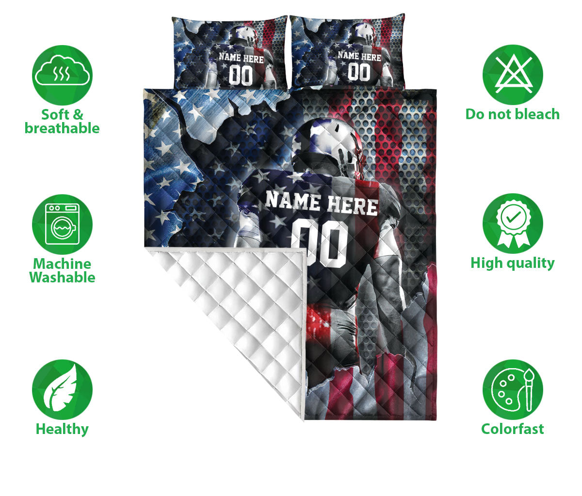 Ohaprints-Quilt-Bed-Set-Pillowcase-American-Football-Player-American-Flag-Pattern-Custom-Personalized-Name-Number-Blanket-Bedspread-Bedding-2961-Double (70'' x 80'')