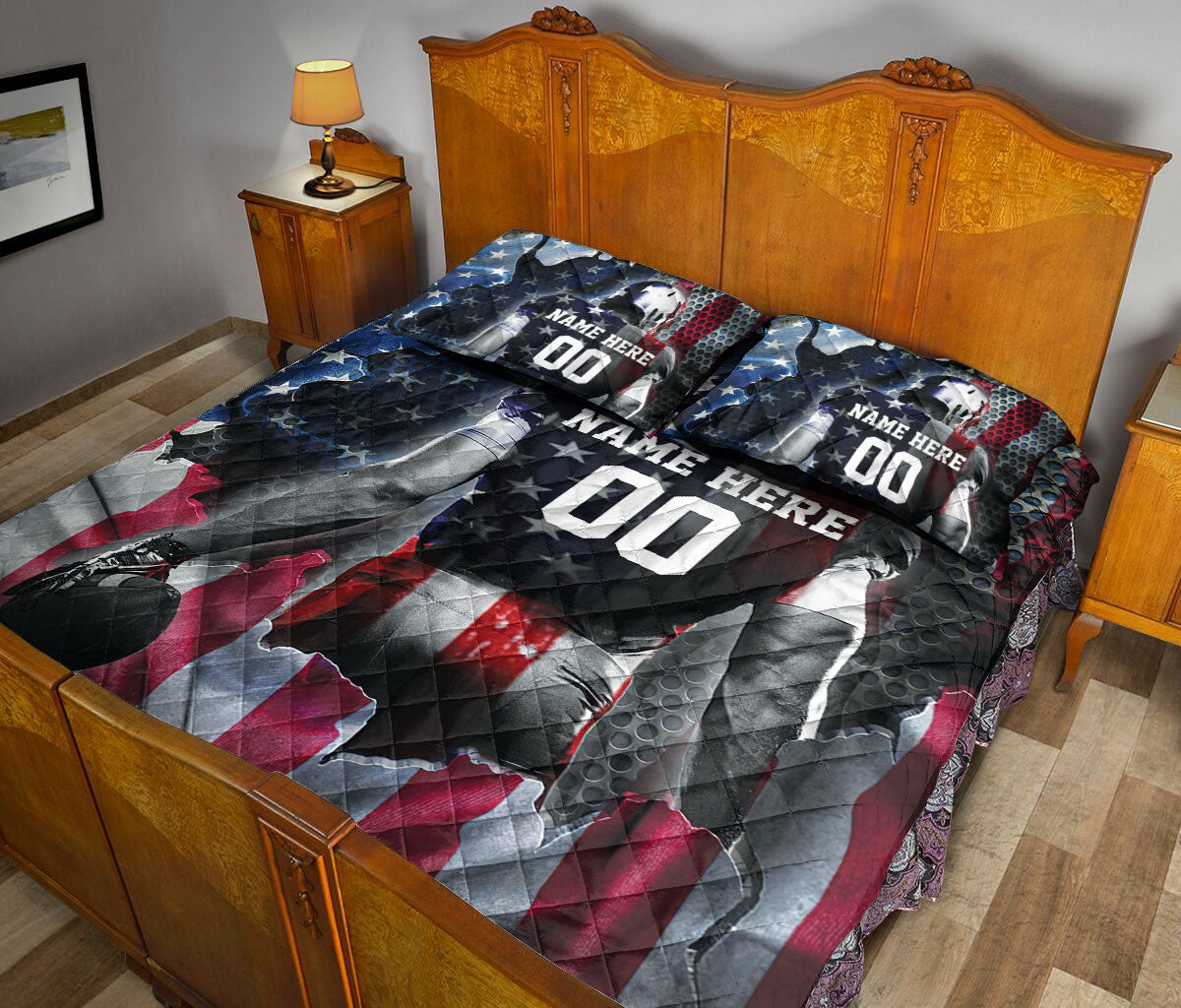 Ohaprints-Quilt-Bed-Set-Pillowcase-American-Football-Player-American-Flag-Pattern-Custom-Personalized-Name-Number-Blanket-Bedspread-Bedding-2961-Queen (80'' x 90'')