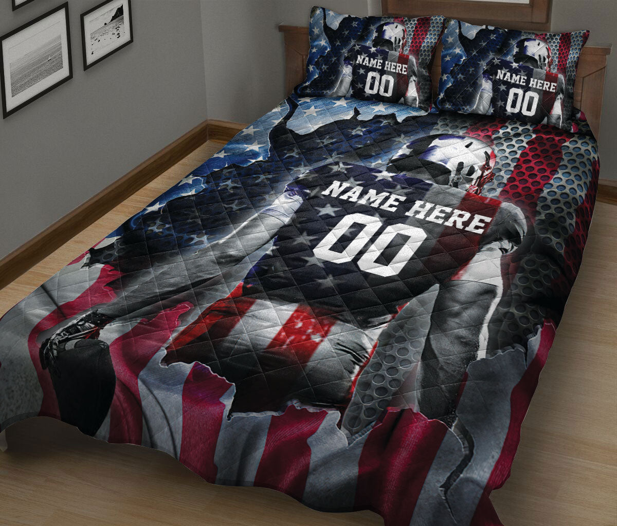 Ohaprints-Quilt-Bed-Set-Pillowcase-American-Football-Player-American-Flag-Pattern-Custom-Personalized-Name-Number-Blanket-Bedspread-Bedding-2961-King (90'' x 100'')