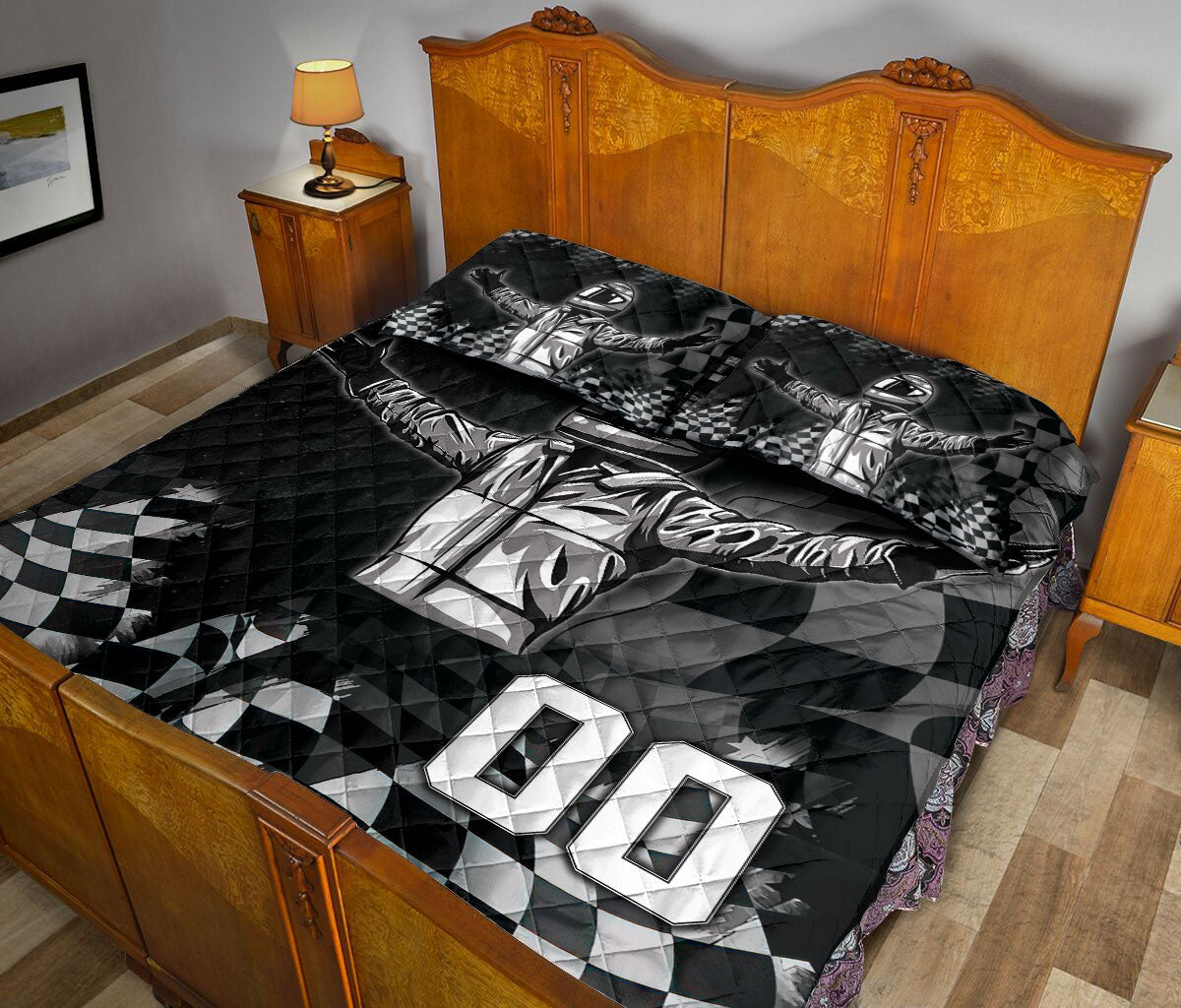 Ohaprints-Quilt-Bed-Set-Pillowcase-Racing-Lover-Racer-Checkered-Flag-Unique-Gift-Custom-Personalized-Name-Number-Blanket-Bedspread-Bedding-2971-Queen (80'' x 90'')