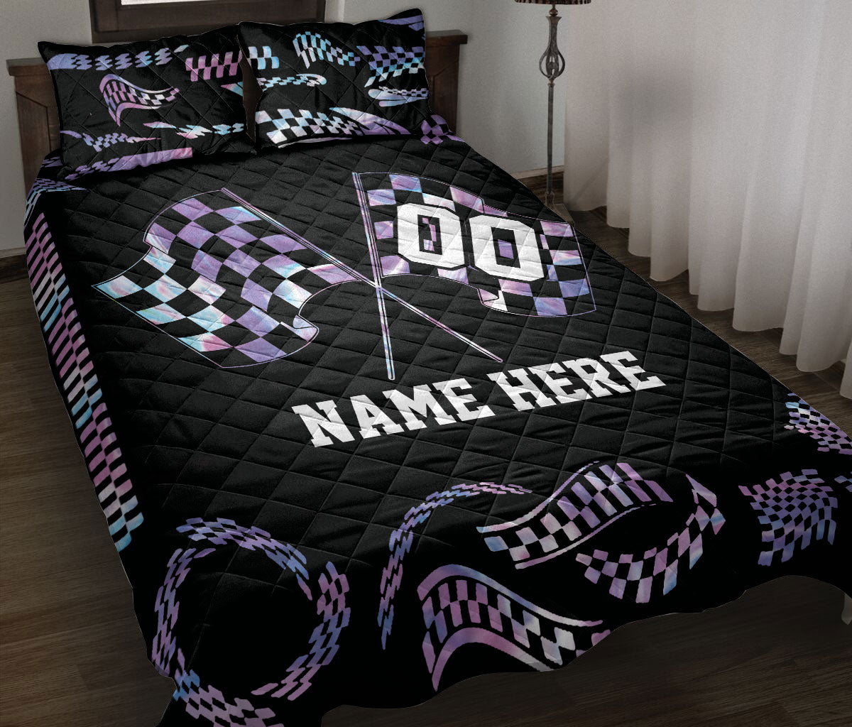 Ohaprints-Quilt-Bed-Set-Pillowcase-Racing-Racer-Checkered-Pattern-Unique-Gift-Custom-Personalized-Name-Number-Blanket-Bedspread-Bedding-743-Throw (55'' x 60'')