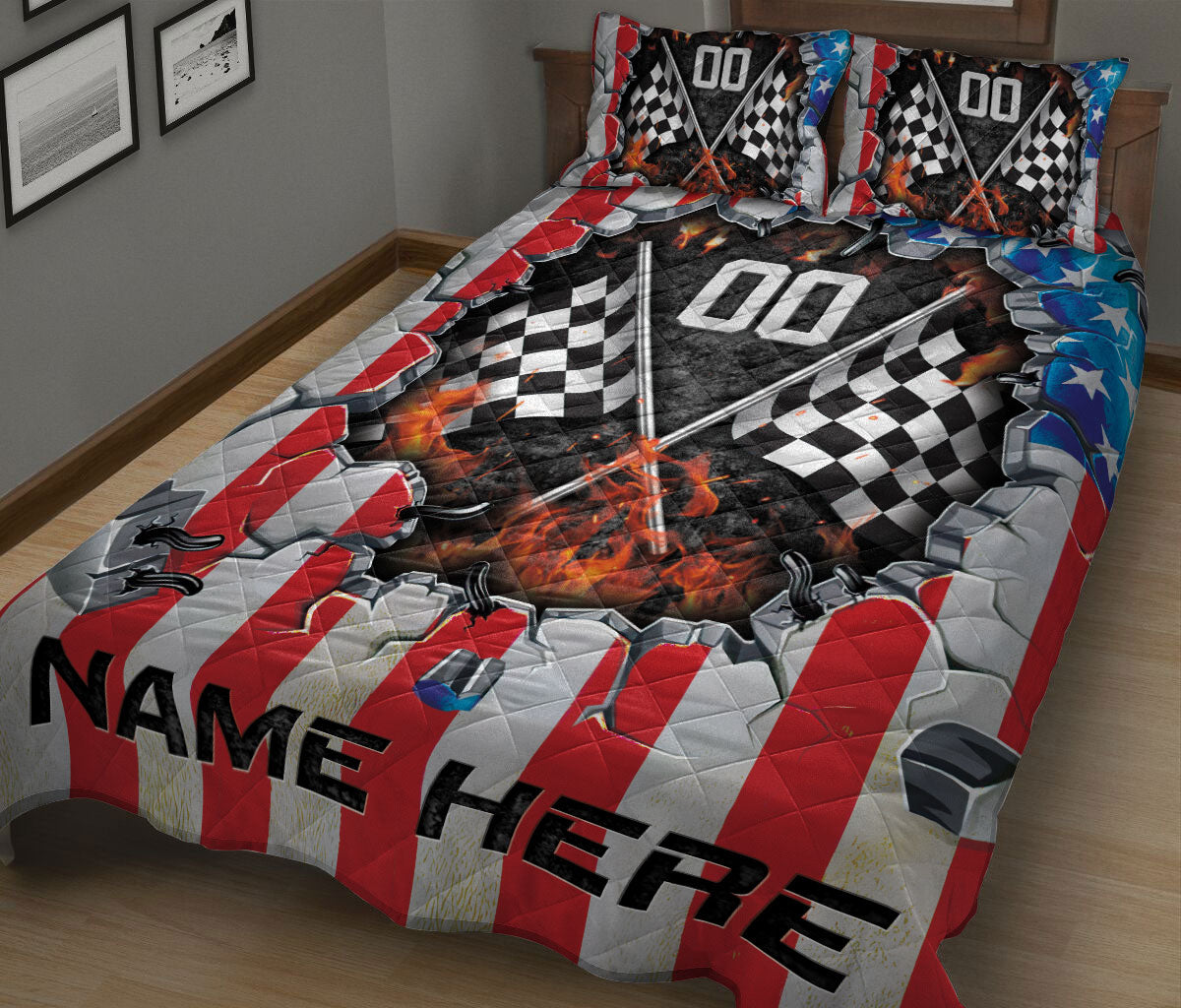 Ohaprints-Quilt-Bed-Set-Pillowcase-Racing-Racer-American-Flag-Crack-Pattern-Gift-Custom-Personalized-Name-Number-Blanket-Bedspread-Bedding-1283-King (90'' x 100'')