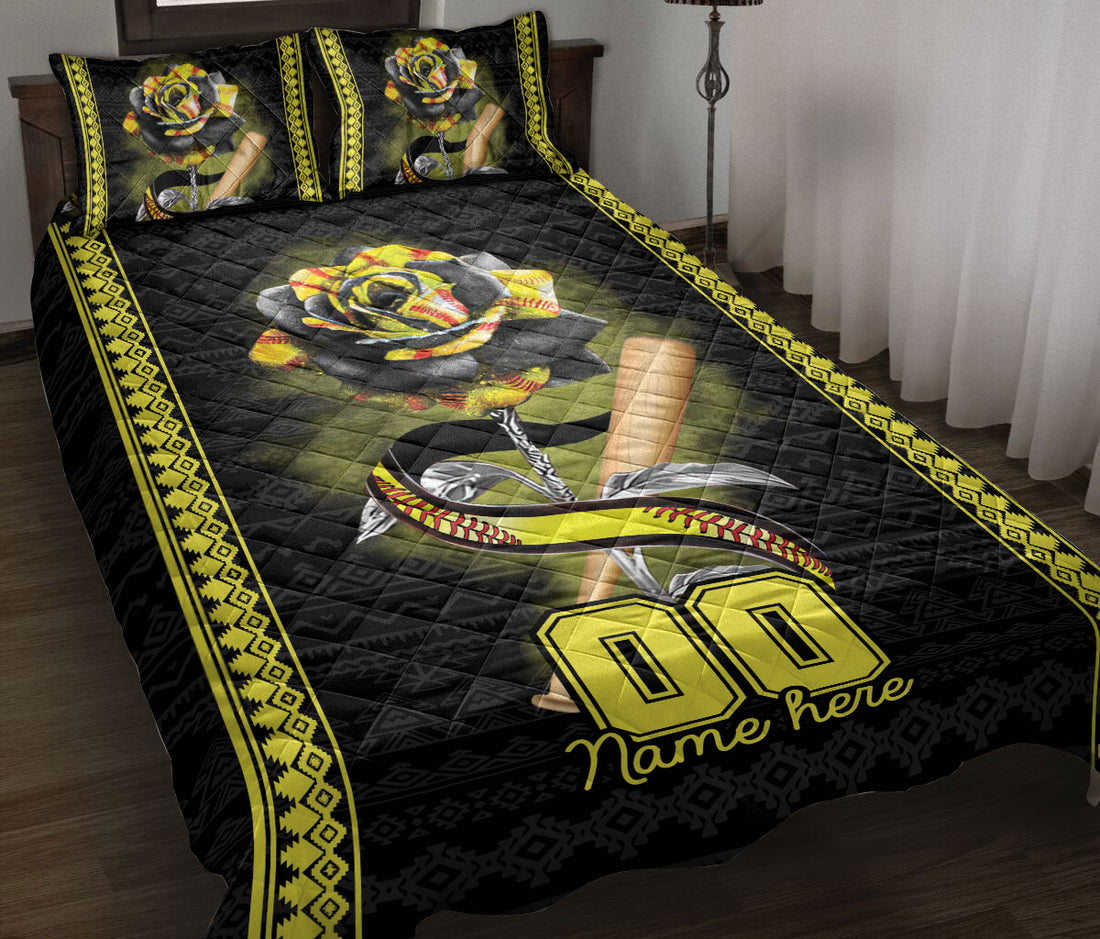 Ohaprints-Quilt-Bed-Set-Pillowcase-Softball-Rose-Rosy-Yellow-Ball-Boho-Pattern-Custom-Personalized-Name-Number-Blanket-Bedspread-Bedding-2997-Throw (55'' x 60'')