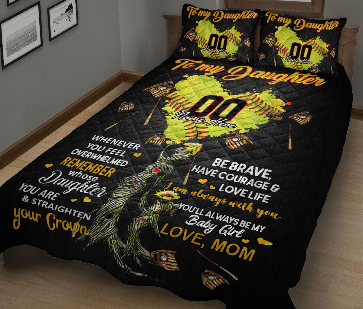 Ohaprints-Quilt-Bed-Set-Pillowcase-Softball-Heart-To-My-Daughter-Gift-From-Mom-Custom-Personalized-Name-Number-Blanket-Bedspread-Bedding-2555-King (90'' x 100'')