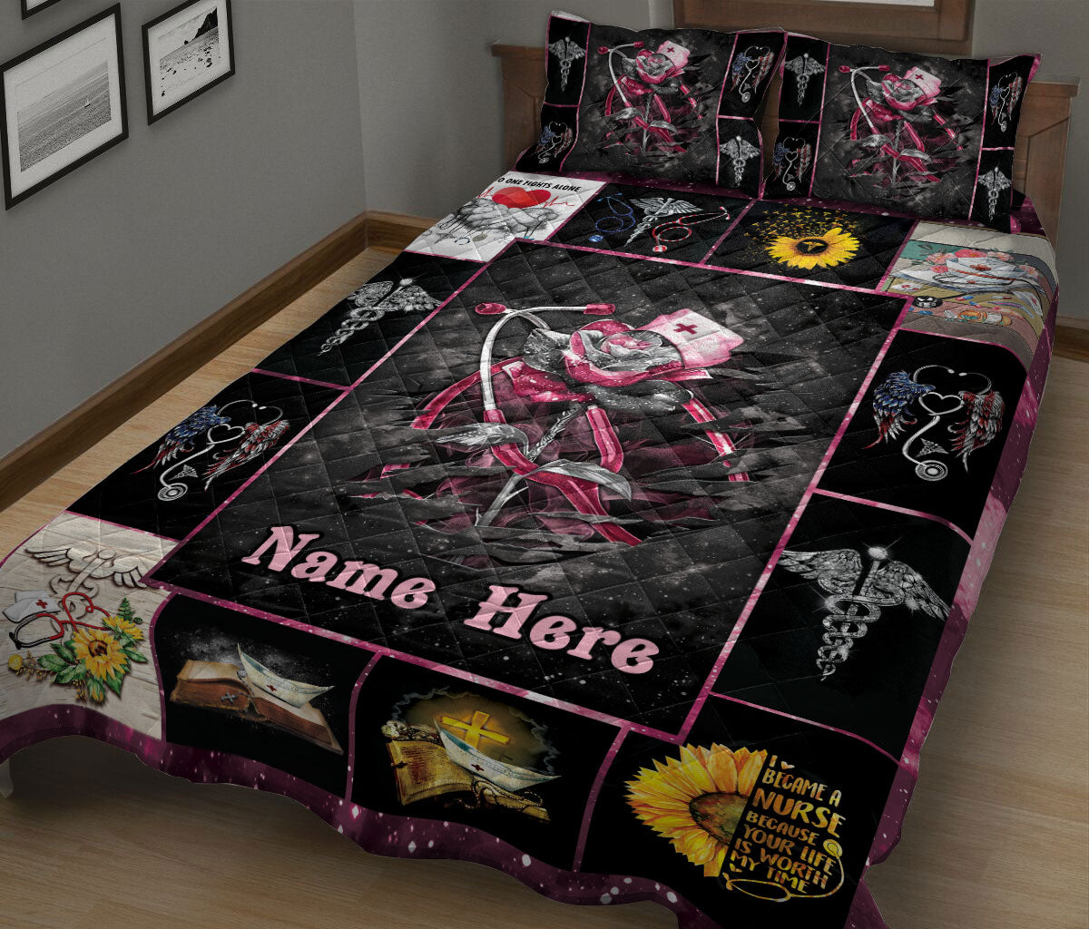 Ohaprints-Quilt-Bed-Set-Pillowcase-Nurse-Nursing-Scrub-Life-Pink-Rose-Pattern-Gift-Custom-Personalized-Name-Blanket-Bedspread-Bedding-129-King (90'' x 100'')