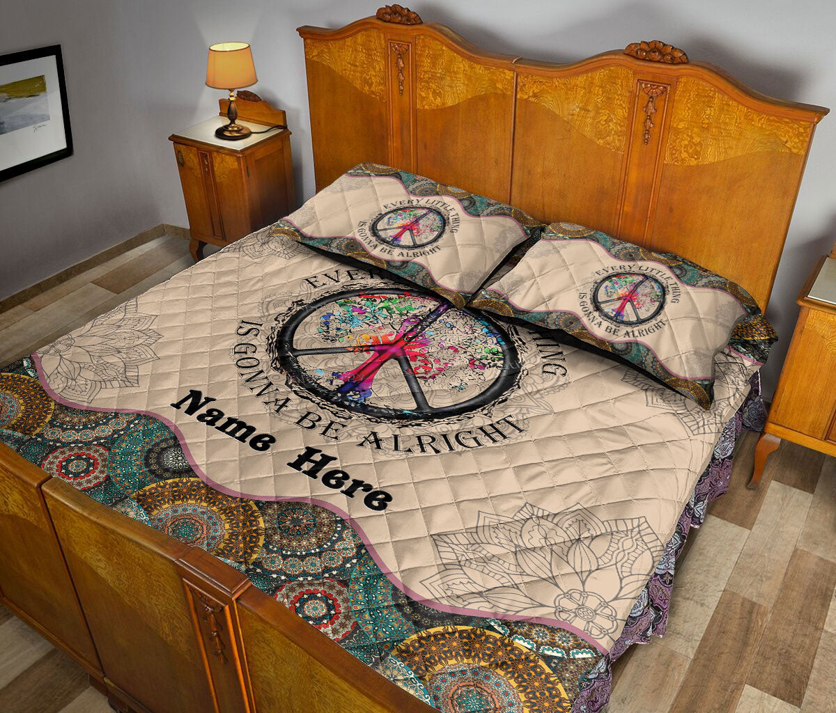 Ohaprints-Quilt-Bed-Set-Pillowcase-Hippie-Peace-Sign-Mandala-Floral-Pattern-Unique-Gift-Custom-Personalized-Name-Blanket-Bedspread-Bedding-1800-Queen (80'' x 90'')