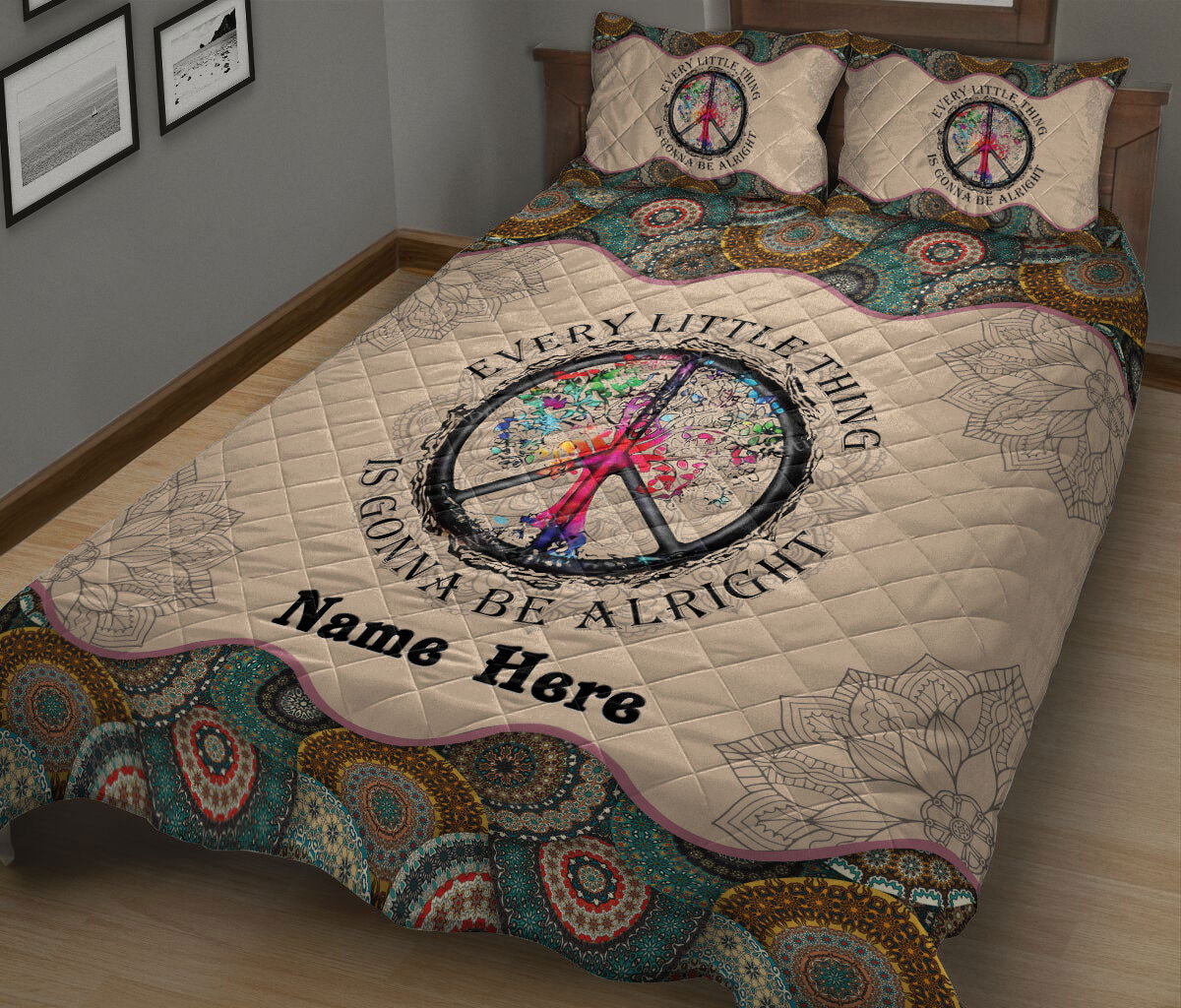 Ohaprints-Quilt-Bed-Set-Pillowcase-Hippie-Peace-Sign-Mandala-Floral-Pattern-Unique-Gift-Custom-Personalized-Name-Blanket-Bedspread-Bedding-1800-King (90'' x 100'')