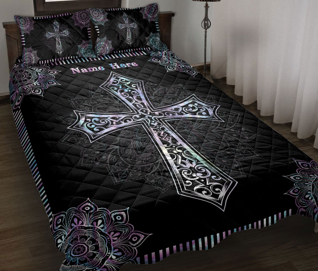 Ohaprints-Quilt-Bed-Set-Pillowcase-Jesus-Cross-Hologram-Mandala-Floral-Pattern-Gift-Custom-Personalized-Name-Blanket-Bedspread-Bedding-1872-Throw (55'' x 60'')