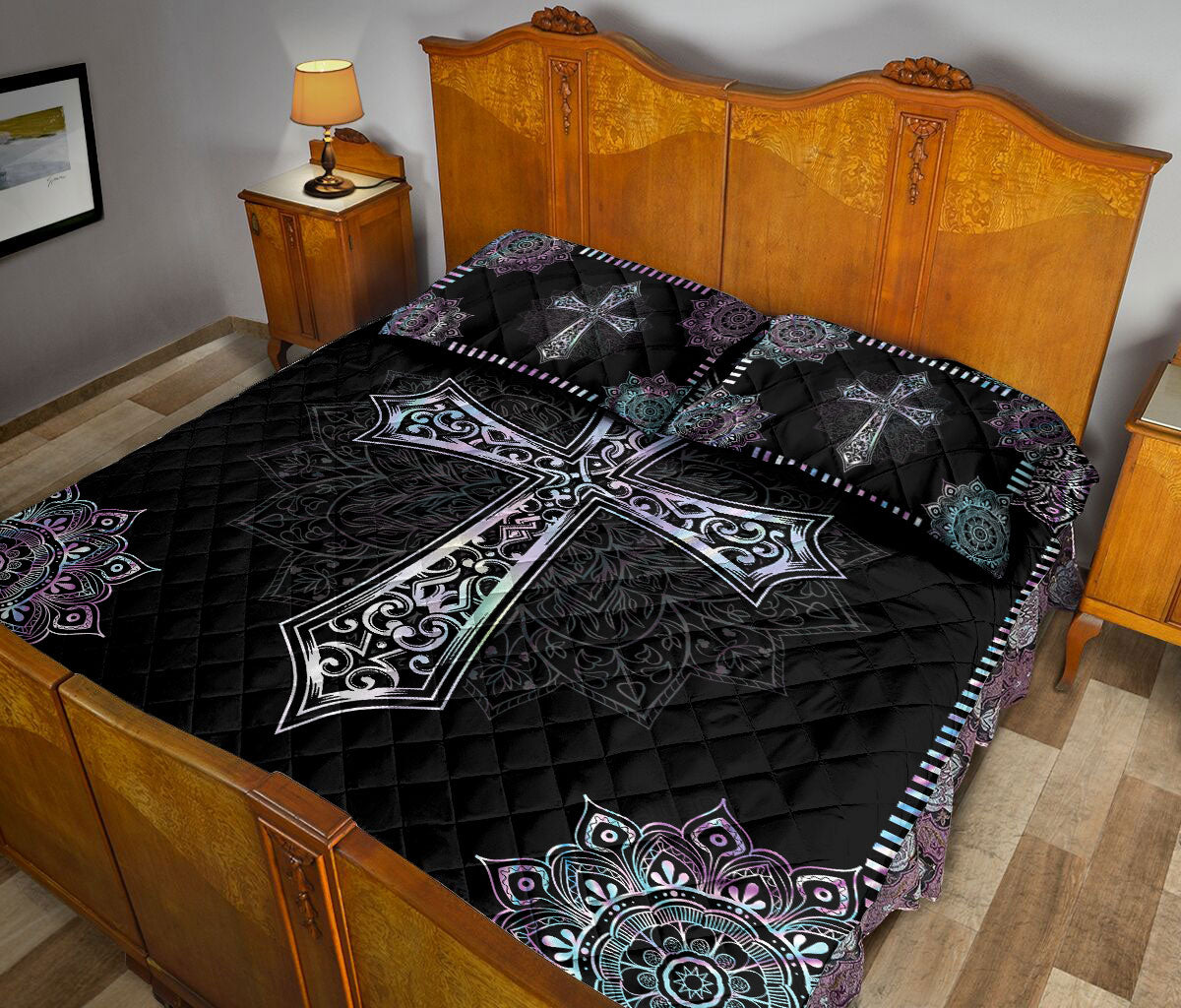 Ohaprints-Quilt-Bed-Set-Pillowcase-Jesus-Cross-Hologram-Mandala-Floral-Pattern-Gift-Custom-Personalized-Name-Blanket-Bedspread-Bedding-1872-Queen (80'' x 90'')