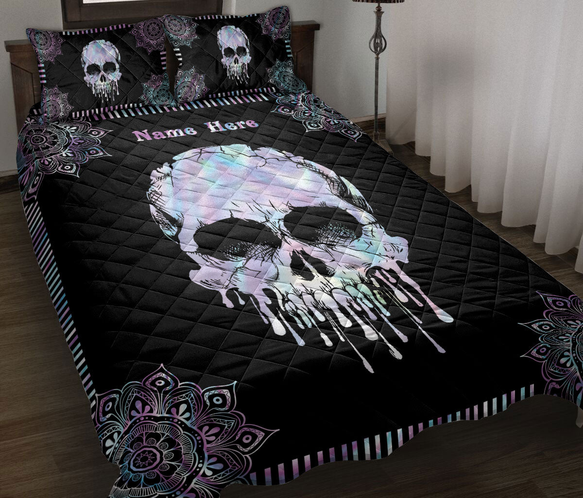 Ohaprints-Quilt-Bed-Set-Pillowcase-Skull-Hologram-Mandala-Floral-Pattern-Unique-Gift-Custom-Personalized-Name-Blanket-Bedspread-Bedding-2554-Throw (55'' x 60'')